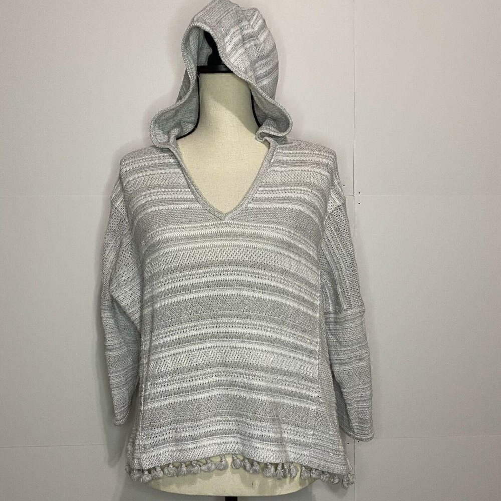 Madewell Hooded Sweater Gray Striped XS Pom Pom Pullover